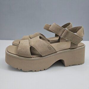 NEW UGG New Heights Sandal Womens 12 Tan Suede Platform Chunky Wedge Ankle Strap